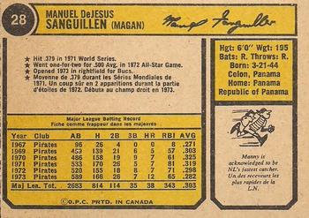 1974 O-Pee-Chee #28 Manny Sanguillen Back