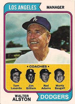 1974 O-Pee-Chee #144 Dodgers Field Leaders (Walter Alston / Tom Lasorda / Jim Gilliam / Red Adams / Monty Basgall) Front