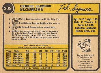 1974 O-Pee-Chee #209 Ted Sizemore Back