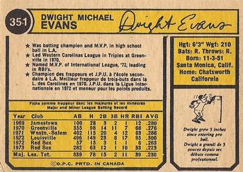 1974 O-Pee-Chee #351 Dwight Evans Back