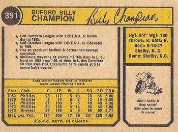 1974 O-Pee-Chee #391 Billy Champion Back