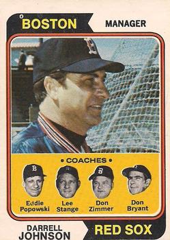 1974 O-Pee-Chee #403 Red Sox Field Leaders (Darrell Johnson / Eddie Popowski / Lee Stange / Don Zimmer / Don Bryant) Front