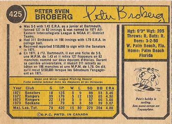 1974 O-Pee-Chee #425 Pete Broberg Back