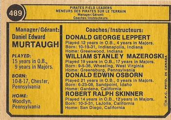 1974 O-Pee-Chee #489 Pirates Field Leaders (Danny Murtaugh / Don Osborn / Don Leppert / Bill Mazeroski / Bob Skinner) Back