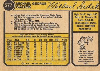 1974 O-Pee-Chee #577 Mike Sadek Back