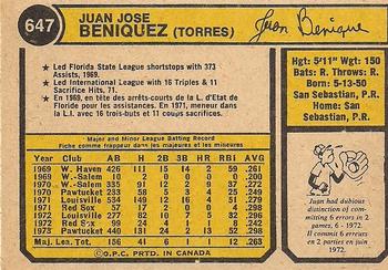 1974 O-Pee-Chee #647 Juan Beniquez Back