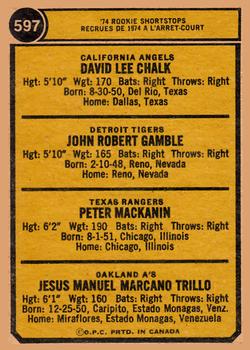 1974 O-Pee-Chee #597 1974 Rookie Shortstops (Dave Chalk / John Gamble / Pete Mackanin / Manny Trillo) Back