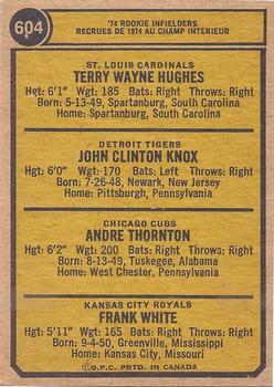 1974 O-Pee-Chee #604 1974 Rookie Infielders (Terry Hughes / John Knox / Andy Thornton / Frank White) Back