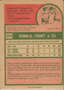 1975 O-Pee-Chee #223 Robin Yount Back