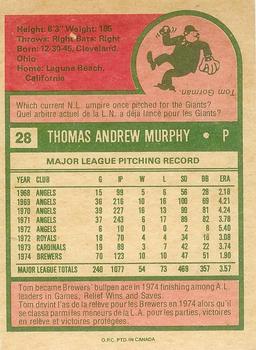 1975 O-Pee-Chee #28 Tom Murphy Back