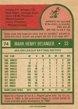 1975 O-Pee-Chee #74 Mark Belanger Back