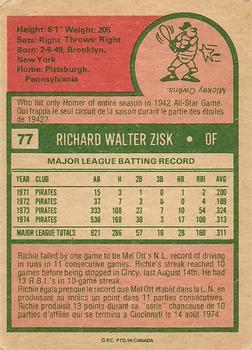 1975 O-Pee-Chee #77 Richie Zisk Back