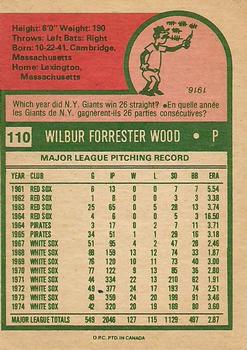 1975 O-Pee-Chee #110 Wilbur Wood Back