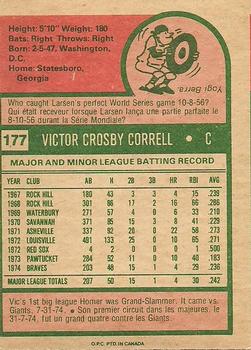 1975 O-Pee-Chee #177 Vic Correll Back