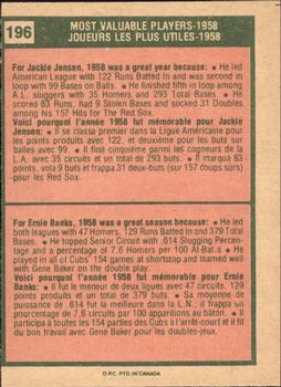1975 O-Pee-Chee #196 1958 MVPs (Jackie Jensen / Ernie Banks) Back