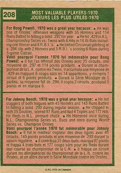 1975 O-Pee-Chee #208 1970 MVPs (Boog Powell / Johnny Bench) Back