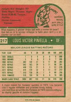 1975 O-Pee-Chee #217 Lou Piniella Back