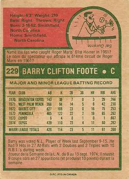1975 O-Pee-Chee #229 Barry Foote Back