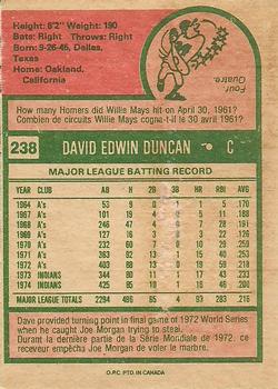 1975 O-Pee-Chee #238 Dave Duncan Back