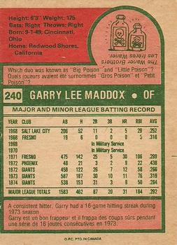 1975 O-Pee-Chee #240 Garry Maddox Back