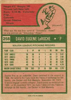 1975 O-Pee-Chee #258 Dave LaRoche Back
