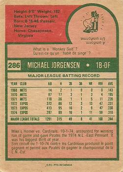 1975 O-Pee-Chee #286 Mike Jorgensen Back