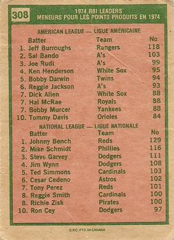 1975 O-Pee-Chee #308 1974 RBI Leaders (Jeff Burroughs / Johnny Bench) Back