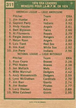 1975 O-Pee-Chee #311 1974 ERA Leaders (Jim Hunter / Buzz Capra) Back