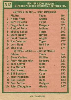 1975 O-Pee-Chee #312 1974 Strikeout Leaders (Nolan Ryan / Steve Carlton) Back