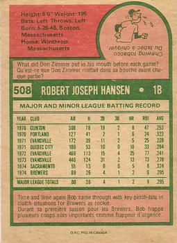 1975 O-Pee-Chee #508 Bob Hansen Back