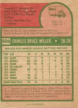 1975 O-Pee-Chee #606 Bruce Miller Back