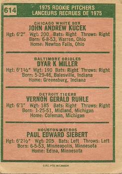 1975 O-Pee-Chee #614 1975 Rookie Pitchers (Jack Kucek / Dyar Miller / Vern Ruhle / Paul Siebert) Back