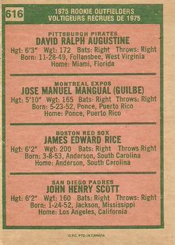 1975 O-Pee-Chee #616 1975 Rookie Outfielders (Dave Augustine / Pepe Mangual / Jim Rice / John Scott) Back