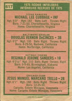 1975 O-Pee-Chee #617 1975 Rookie Infielders (Mike Cubbage / Doug DeCinces / Reggie Sanders / Manny Trillo) Back