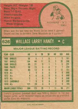 1975 O-Pee-Chee #626 Larry Haney Back
