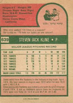 1975 O-Pee-Chee #639 Steve Kline Back