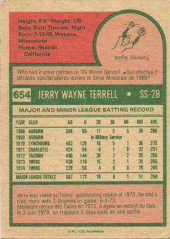 1975 O-Pee-Chee #654 Jerry Terrell Back