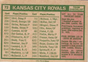 1975 O-Pee-Chee #72 Kansas City Royals / Jack McKeon Back