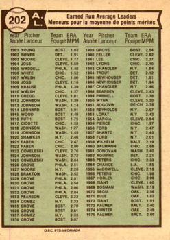 1976 O-Pee-Chee #202 1975 AL ERA Leaders (Jim Palmer / Jim Hunter / Dennis Eckersley) Back