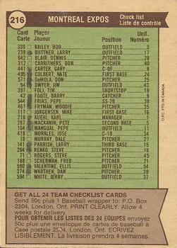 1976 O-Pee-Chee #216 Montreal Expos / Karl Kuehl Back