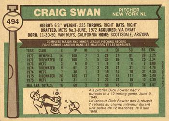 1976 O-Pee-Chee #494 Craig Swan Back