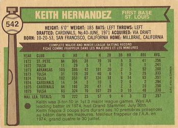 1976 O-Pee-Chee #542 Keith Hernandez Back