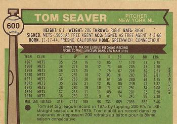 1976 O-Pee-Chee #600 Tom Seaver Back