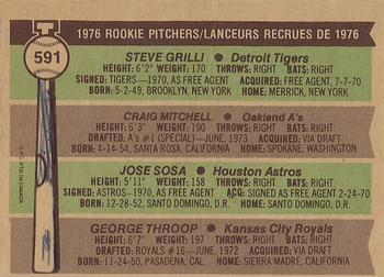1976 O-Pee-Chee #591 1976 Rookie Pitchers (Steve Grilli / Craig Mitchell / Jose Sosa / George Throop) Back