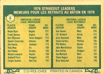 1977 O-Pee-Chee #6 1976 Strikeout Leaders (Nolan Ryan / Tom Seaver) Back