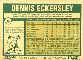 1977 O-Pee-Chee #15 Dennis Eckersley Back