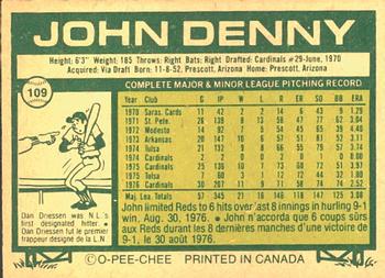 1977 O-Pee-Chee #109 John Denny Back