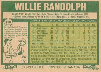 1977 O-Pee-Chee #110 Willie Randolph Back