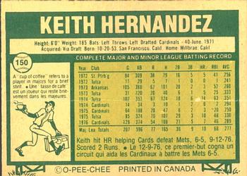 1977 O-Pee-Chee #150 Keith Hernandez Back