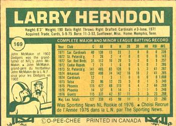 1977 O-Pee-Chee #169 Larry Herndon Back
